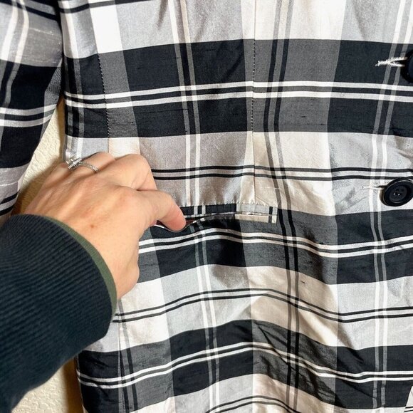 Harris Wallace Silk Blazer Jacket Women Size 12 Black Plaid Long Sleeve Collared - Picture 2 of 7